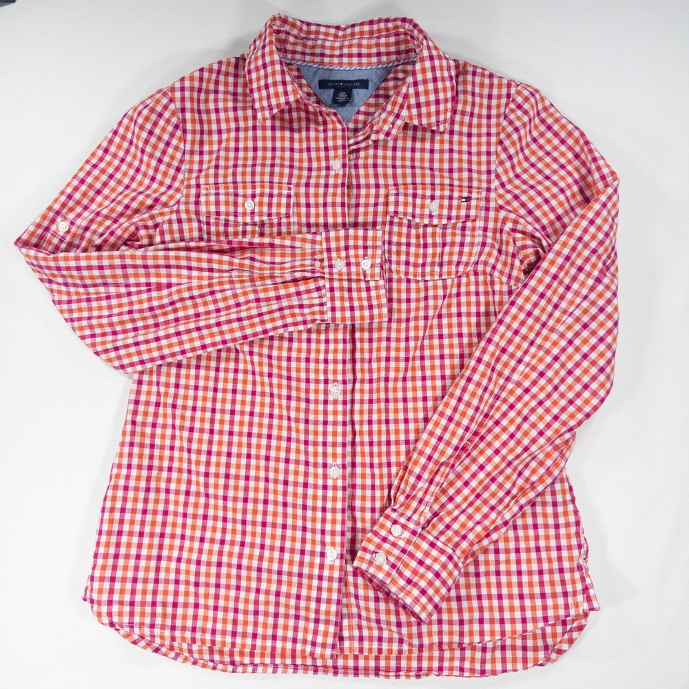 Tommy Hilfiger Womens Orange Pink Gingham Button Up Shirt Small Preppy Plaid